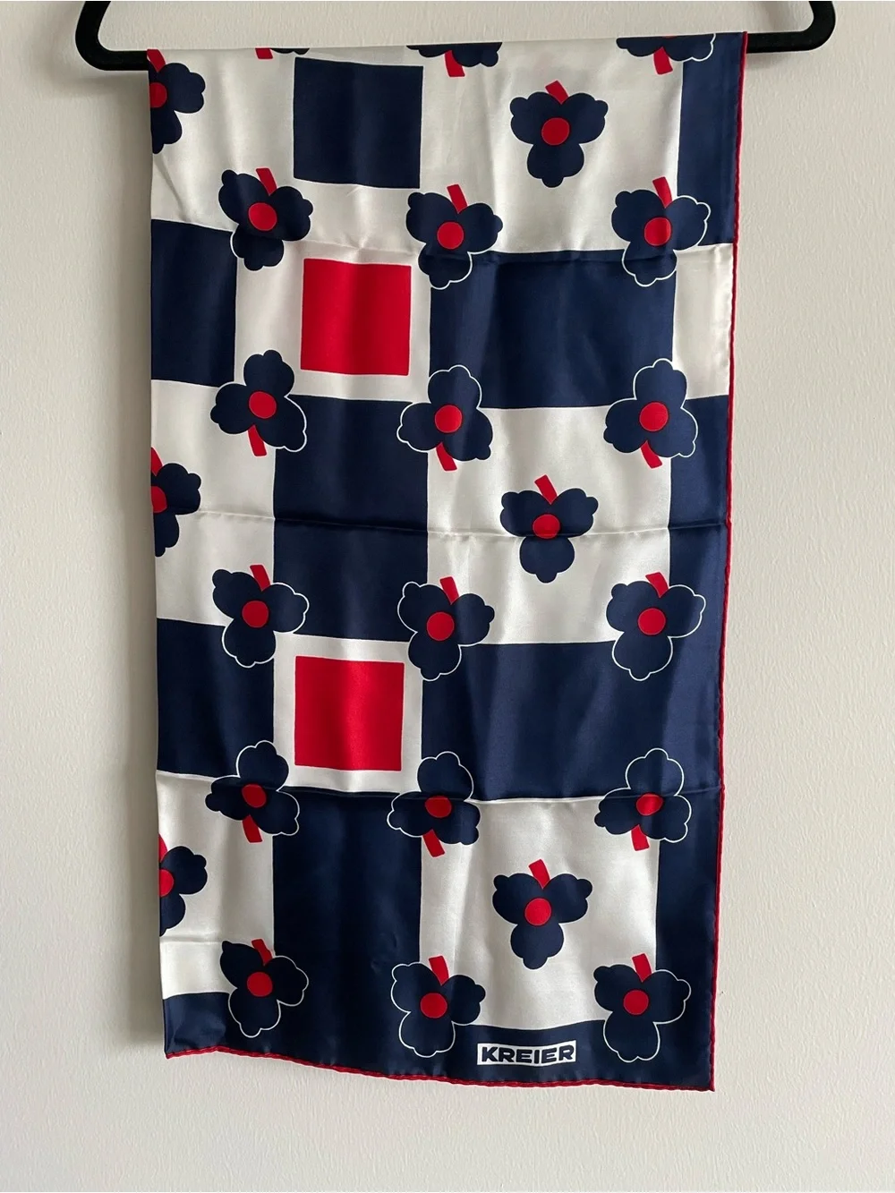 Vintage Kreier silk scarf red white blue mod flower retro checkerboard